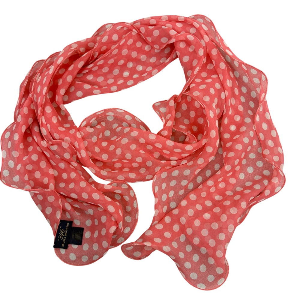 Brooks Brothers Scarf Womens OS Pink Polka Dot 346 Silk Ruffle Lightweight Sheer